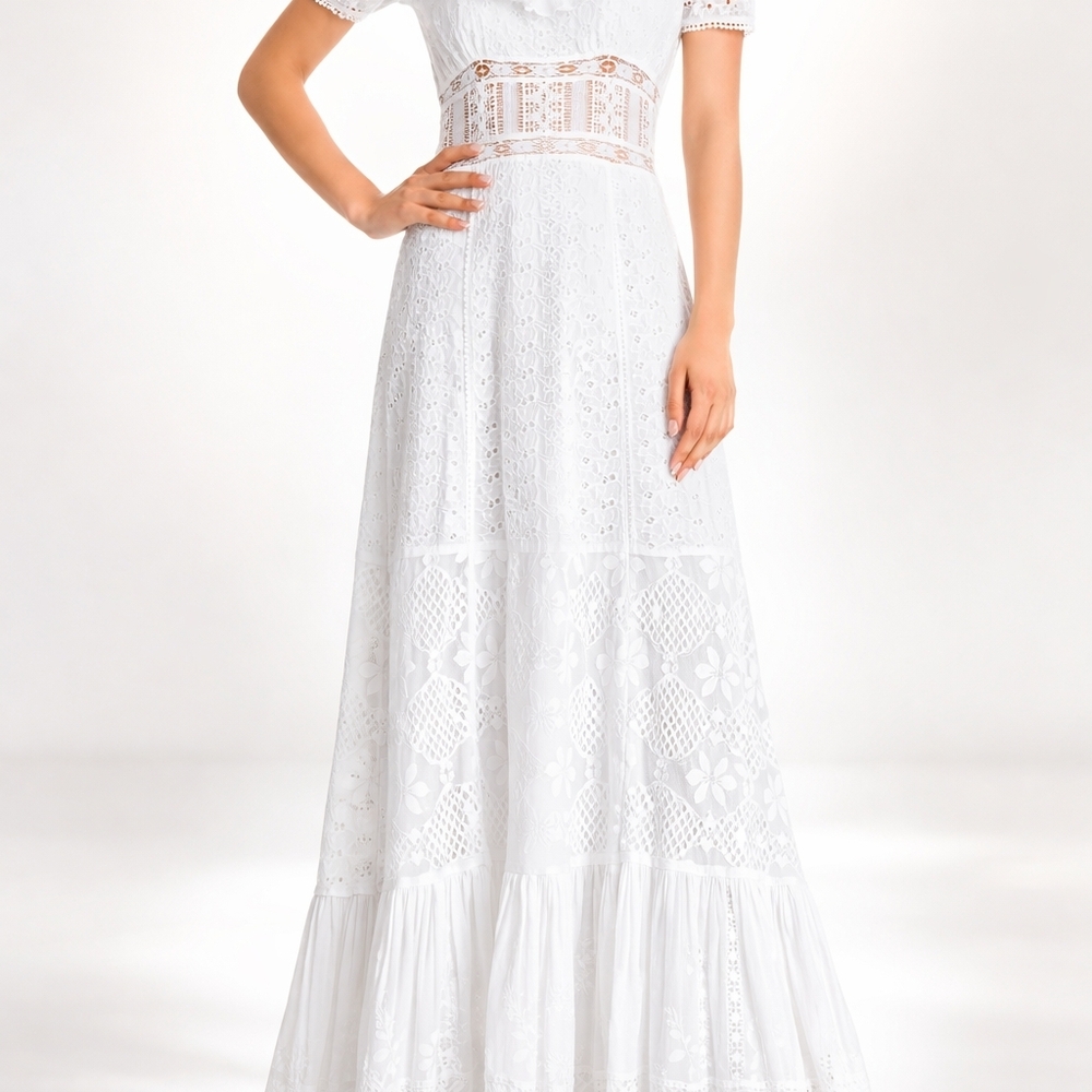 LoveShackFancy Sassie White Lace Maxi Dress Boho Eyelet Romantic Cottagecore Sz4 - Picture 13 of 15